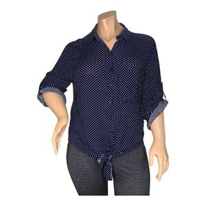 VIXBE NWT Collared Tie Front Top 3/4 Roll Tab Sleeves Polka Dot Blue White XXL